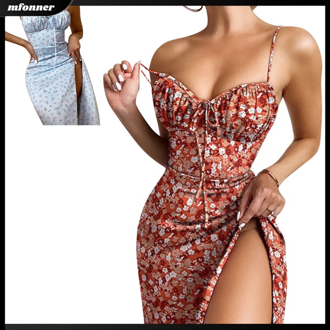 Đầm Midi Hai Dây Cổ Chữ V Xẻ Tà In Họa Tiết Hoa Dáng Ôm Thời Trang Mùa Hè Quyến Rũ Cho Nữ
