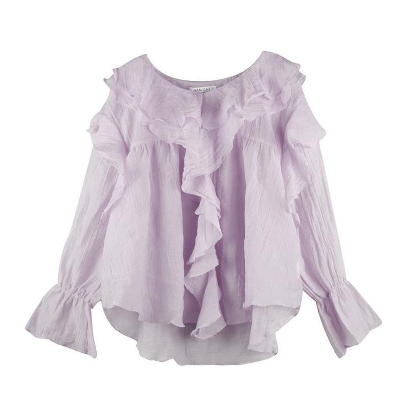 Áo Sơ Mi Chiffon Tay Dài Cổ Chữ v Phối Bèo Màu Tím Thời Trang Mùa Hè Cho Nữ L4EN