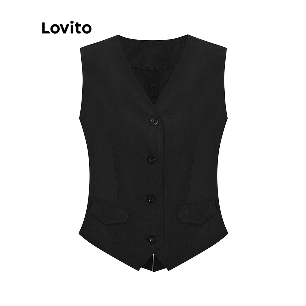 Áo Lovito cổ chữ V không tay màu trơn phối nút xẻ tà sau lưng phong cách thường ngày dành cho nữ L53AD021