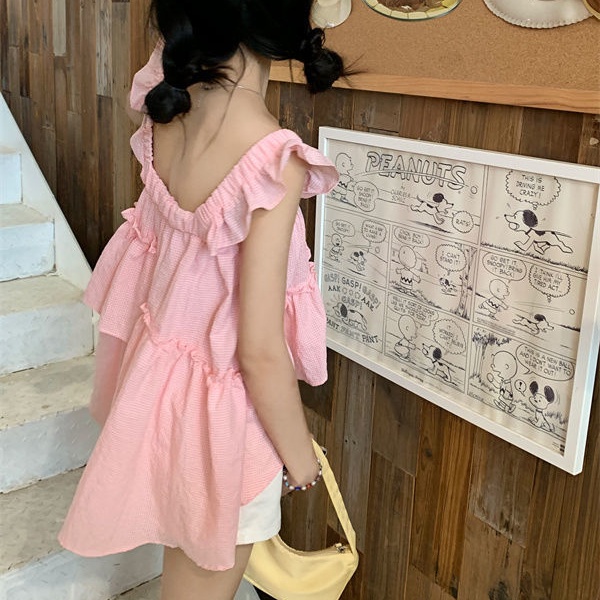 Áo hai dây IELGY dáng rộng màu hồng phong cách Hàn Quốc dễ thương cho nữ