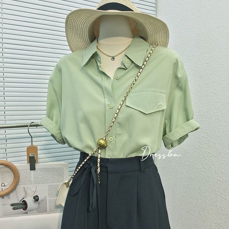 Áo Sơ Mi Tay Ngắn Có Túi Màu Trơn Phong Cách Hàn Quốc Thời Trang Mùa Hè Mới Cho Nữ