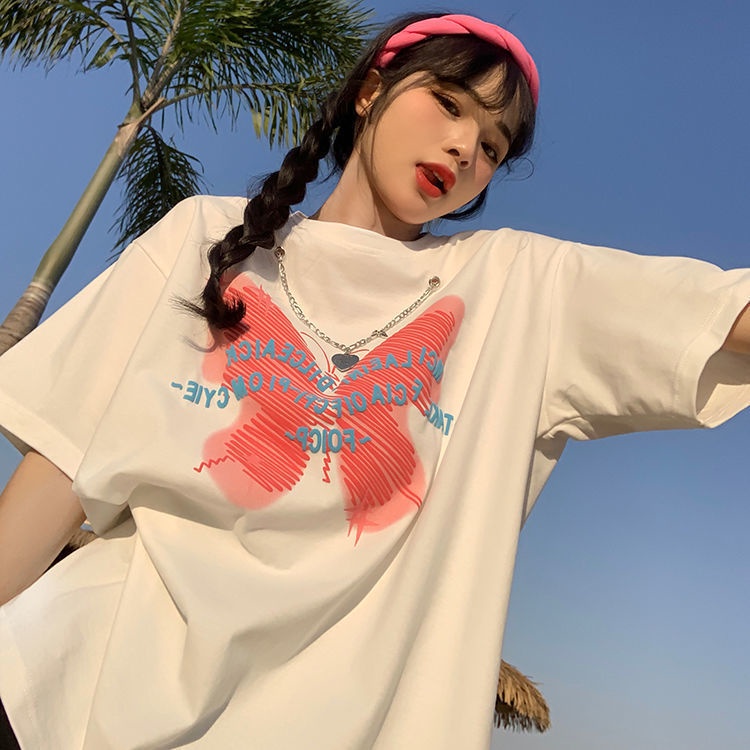 Áo Thun Ngắn Tay Dáng Rộng In Họa Tiết Phối Dây Xích Thời Trang Mùa Hè Hàn Quốc Mới Dành Cho Nữ