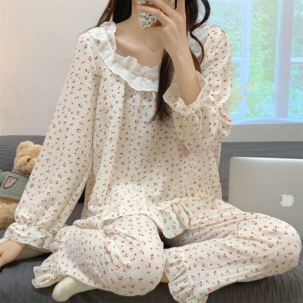 Bộ Đồ Ngủ Tay Dài Phối Ren Phong Cách Hàn Quốc Thời Trang Xuân Thu Xinh Xắn Cho Nữ