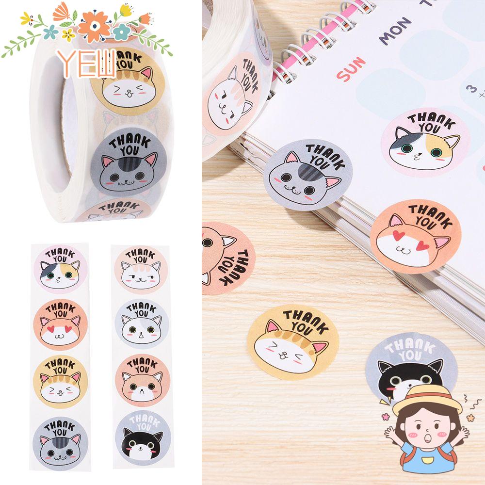 Cuộn 500 Nhãn Dán Giấy Kraft Họa Tiết Mèo Hoạt Hình Dễ Thương Dùng Trang Trí