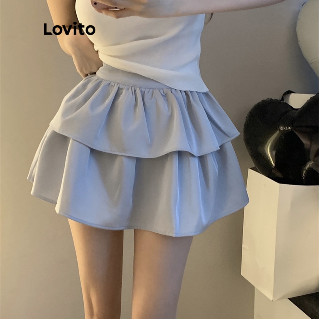Lovito Váy mini chữ A xếp nếp trơn dễ thương cho nữ LNE15116 (Xanh nhạt)