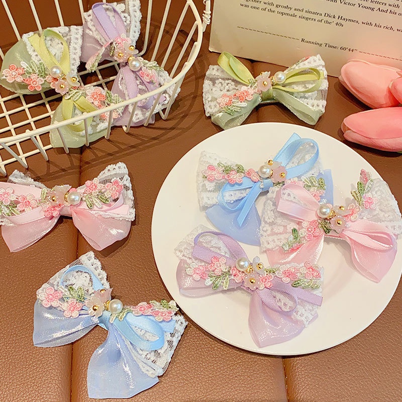 Kẹp Tóc Nơ Ren Hoa Đính Ngọc Trai Tinh Tế