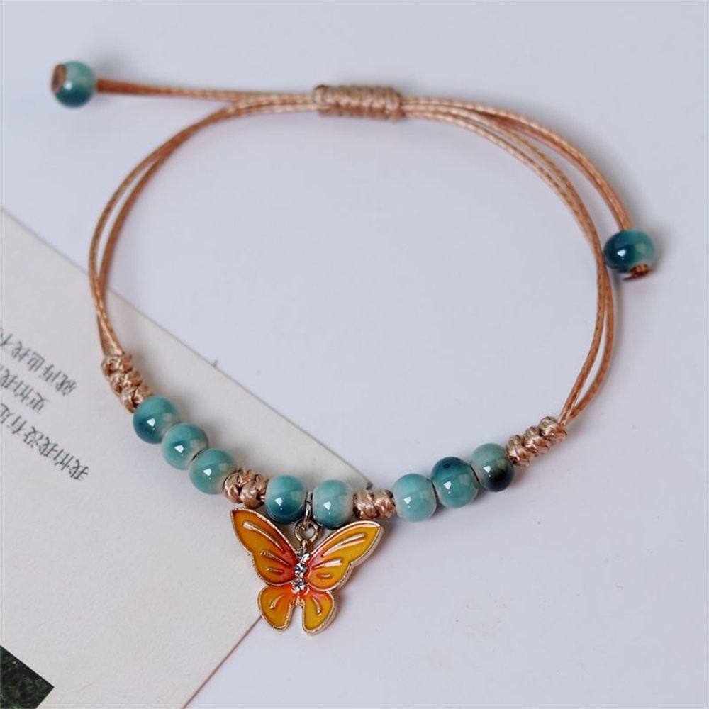 Vòng Tay Dây Bện Phối Mặt Hình Bướm Tráng Men Phong Cách Bohemian Thời Trang Cho Nữ