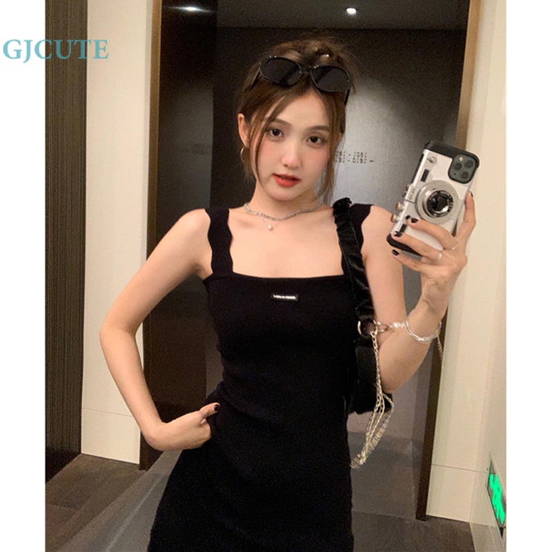 Đầm Chữ A Dệt Kim Cổ Vuông Màu Đen Thời Trang Mùa Hè Cho Bạn Gái