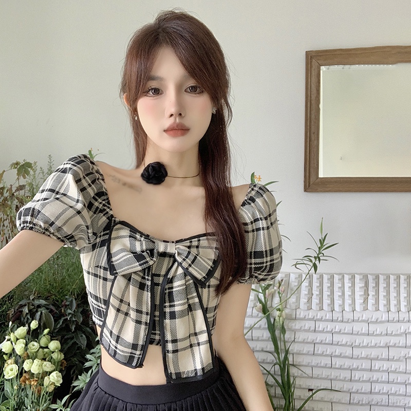 Áo Croptop Tay Phồng Ngắn Dáng Ôm Họa Tiết Kẻ Sọc Đính Nơ Thời Trang Mùa Hè Quyến Rũ Cho Nữ