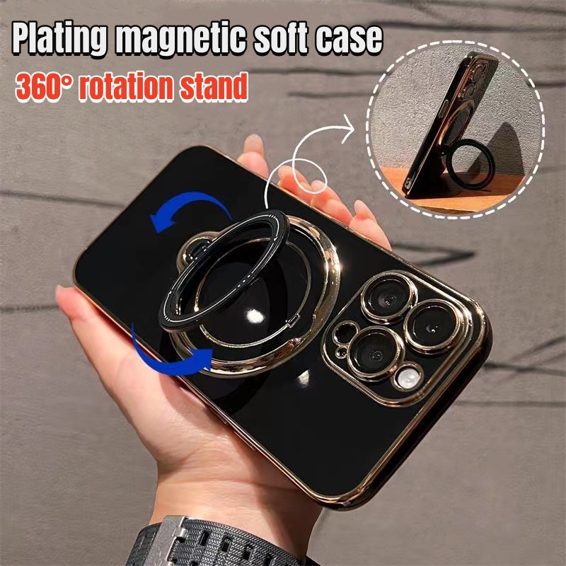 Bông Tai Mạ Sang Trọng Xoay 360 Độ° Ốp Điện Thoại Mềm Có Giá Đỡ Từ Tính Và Bảo Vệ Ống Kính Máy Ảnh Cho 11 12 13 14 Pro max 14plus