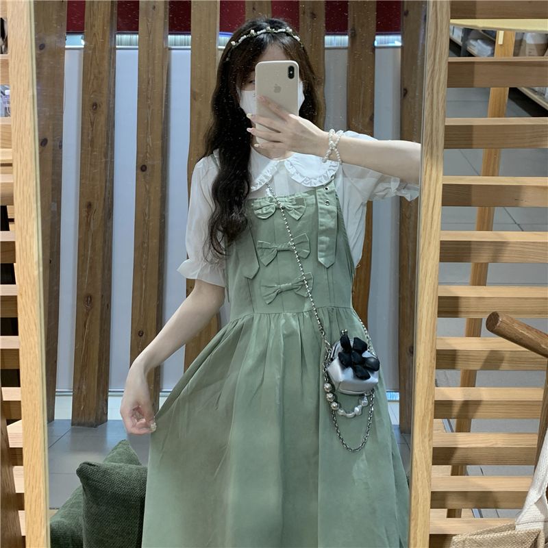 Thời trang đại học phong cách búp bê cổ áo sơ mi + dây treo ngọt ngào váy dài hai mảnh bộ phụ nữ