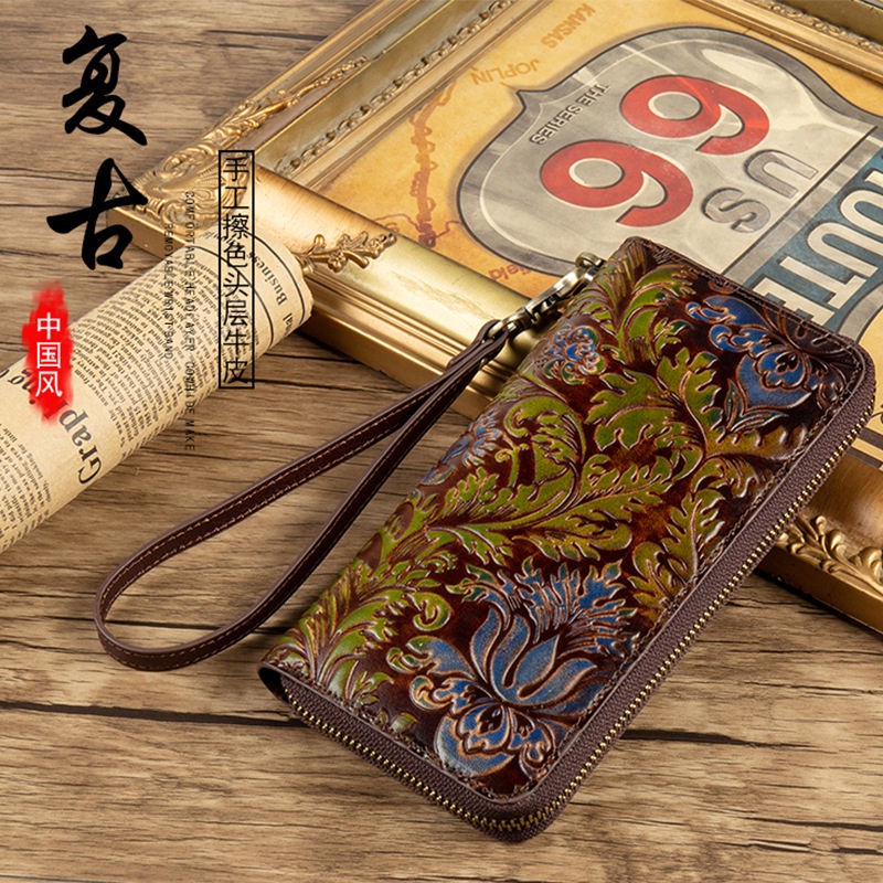 Ví Da Bò Thật Dáng Dài Có Khóa Kéo Đựng Điện Thoại Phong Cách Retro Âu Mỹ