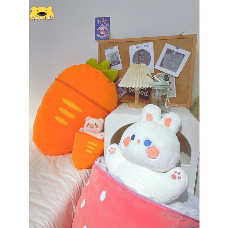🔥Có Sẵn🔥2 Trong 1Thỏ dâu Gấu Bông con thỏ Cosplay 2 Màu - Bunny Bông Cao Cấp Gấu Bông Thú Nhồi Bông Hình Thỏ dâu Và Cà Rốt Sáng Tạo Cho Bé