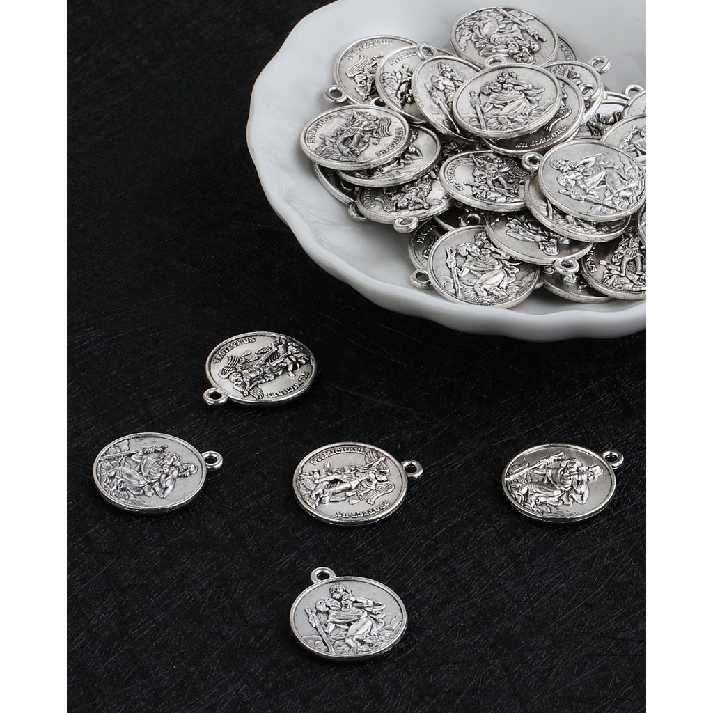 Bộ 5 Mặt Dây Chuyền Tròn Khắc Chữ Saint Medal St.Christopher St.Michael Độc Đáo