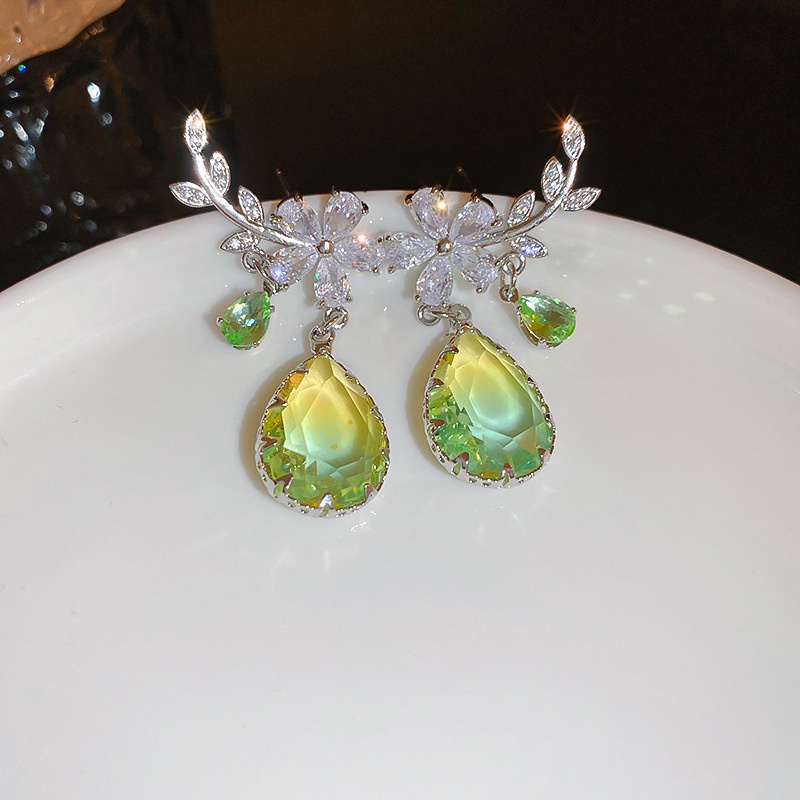 Bông Tai Tua Rua Hình Hoa Lá Đính Đá zircon Màu gradient Thời Trang Cho Nữ