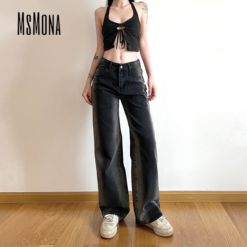 Quần Denim Ống Đứng Lưng Cao Phối Sọc Màu Sắc Tương Phản Thời Trang Cho Nữ