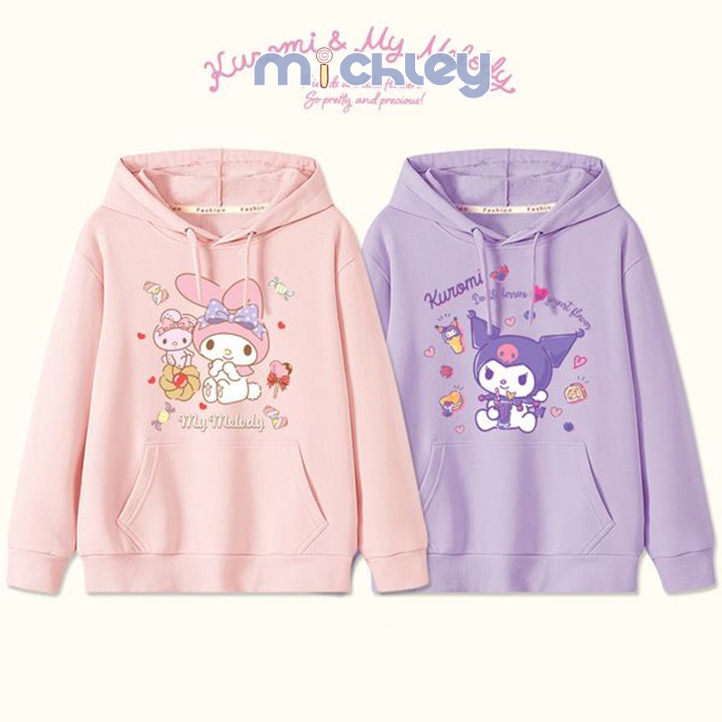 Áo sweater Có Mũ Phối Nhung Họa Tiết Melody Kuromi Dễ Thương Phong Cách Hàn Quốc Thời Trang Thu Đông Cho Bé Gái