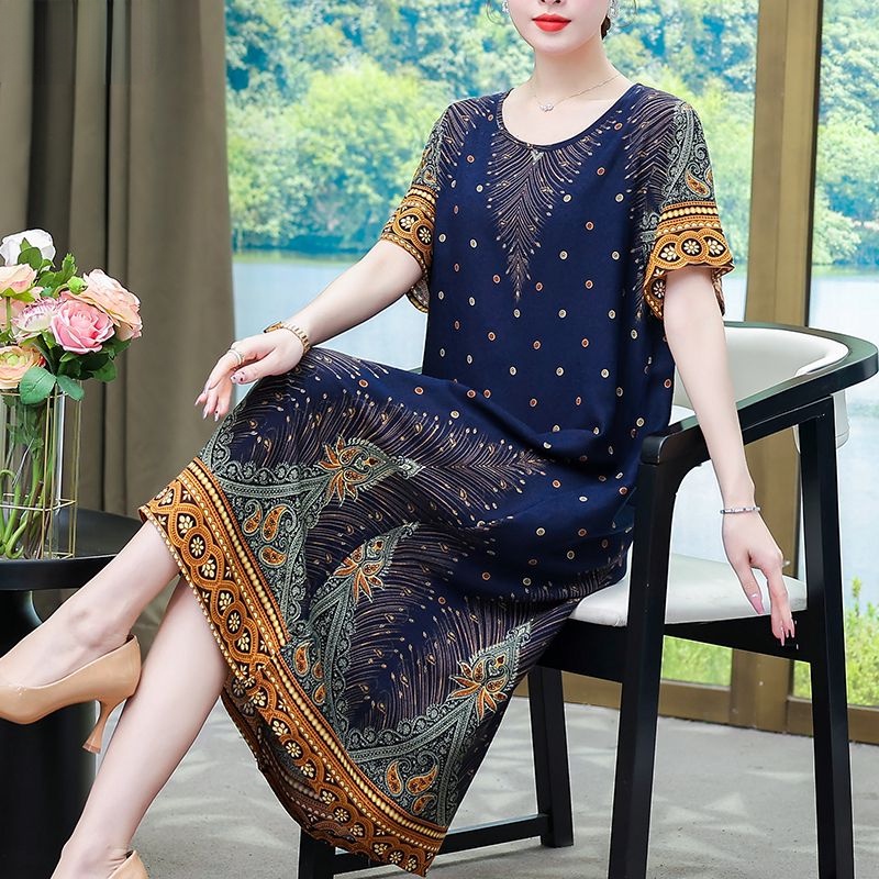 Đầm Mùa Hè Cao Cấp Tay Ngắn Kích Thước Lớn In Họa Tiết Phong Cách Mới 2023 Cho Nữ Trung Niên