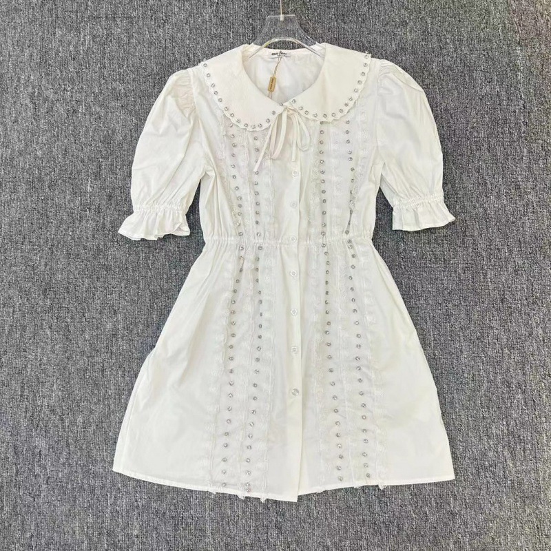 7SWG MIU-MIU 23 summer New Age-reducing fashion beaded design doll collar bubble sleeve waist slimming dress