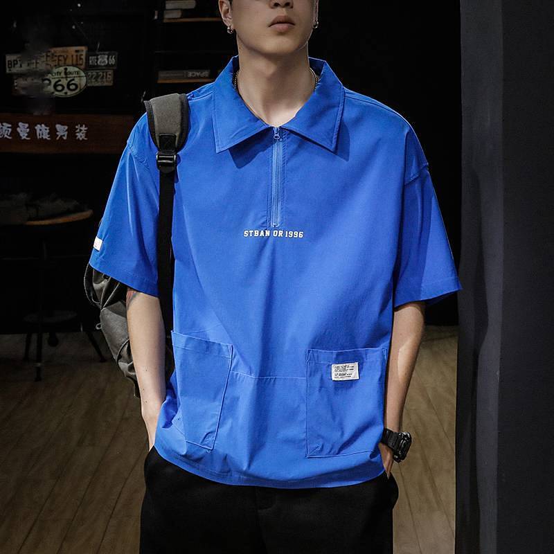 Summer Thin Ice Silk Retro Multi-Pocket Work Pants Lapel Short-Sleeved T-shirt Men's Polo Shirt Loose-Fitting plus Size Half-Length Sleeves Ao6L