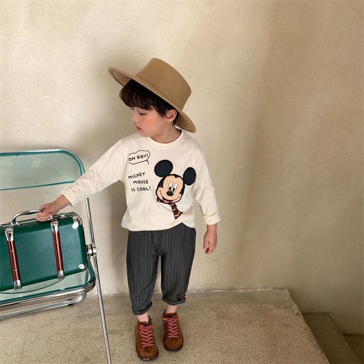 T-shirt trẻ em mùa thu mới bé trai và bé gái phim hoạt hình chuột vá bông dài tay áo chui đầu cho bé