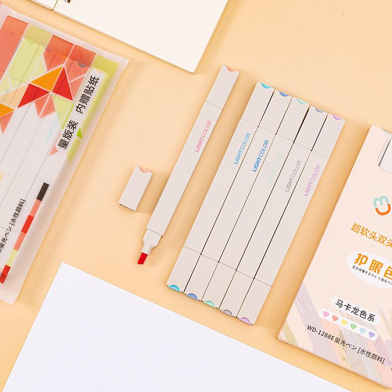 Set 6 bút đánh dấu dạ quang tông màu pastel 2 đầu Light Color HI06 thân vuông, bút highlight tặng kèm sticker