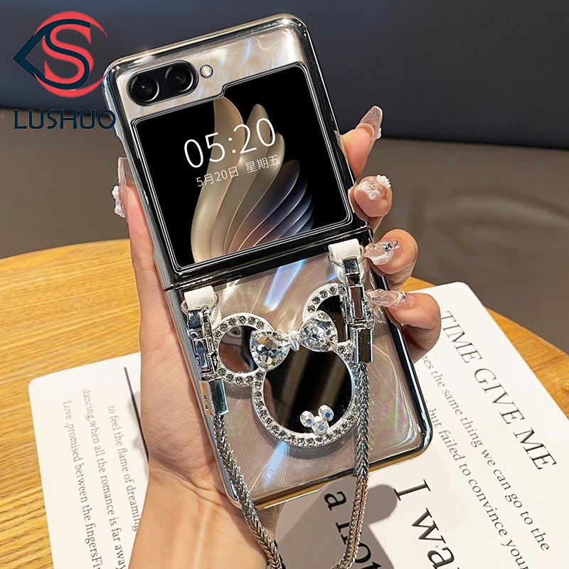 Vỏ điện thoại lushuo cho samsung galaxy z flip 5 vỏ trong suốt bằng bạc mạ điện với gương mickey và vòng đeo tay cho z flip5 zflip5 zflip5 5
