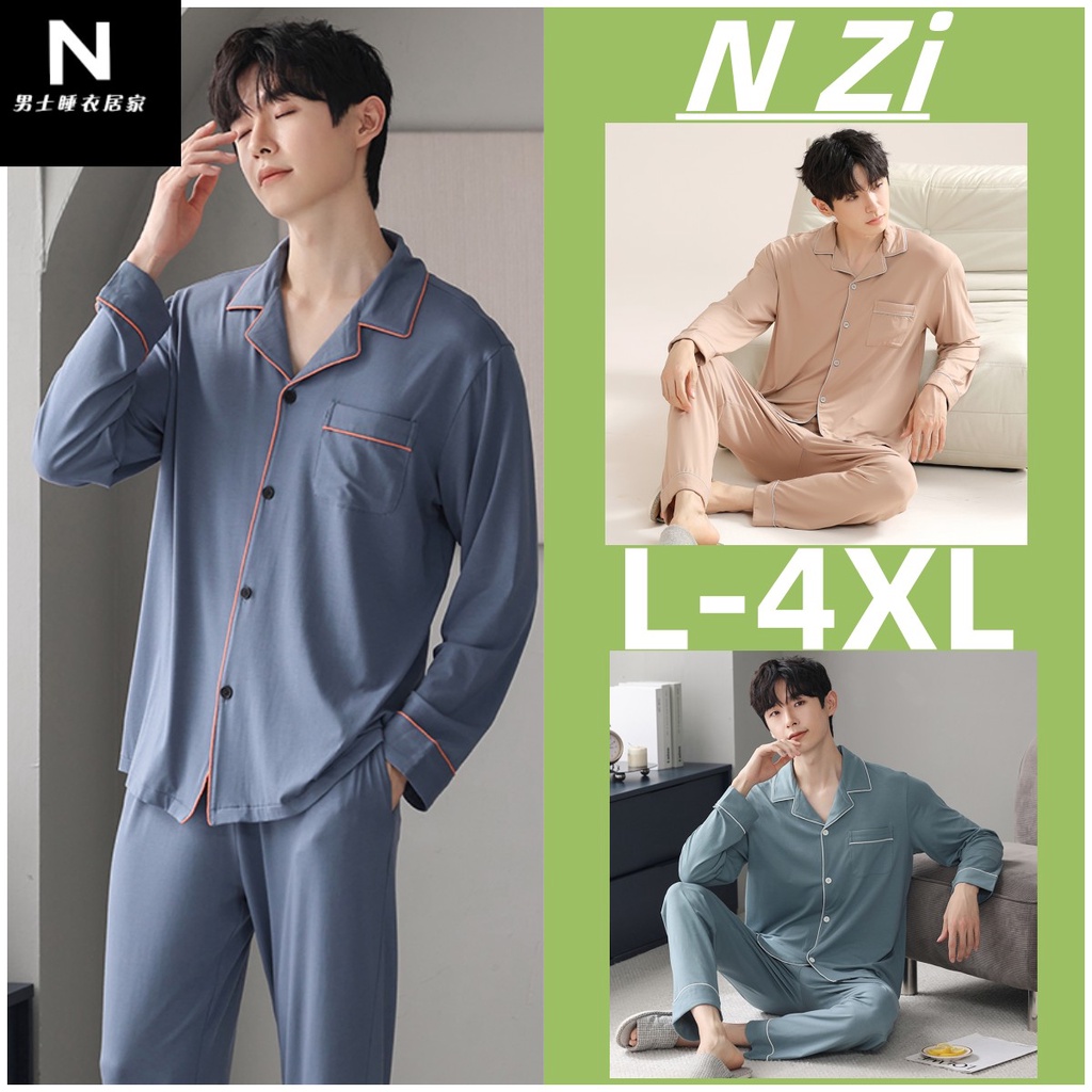 Plus size pyjamas men model cotton dài tay bộ đồ ngủ trơn rộng rãi man loungewear l-4xl