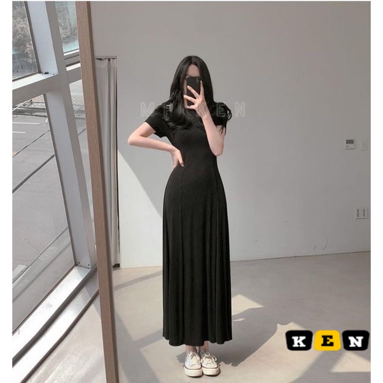 Váy Maxi Thun Gân Tay Cộc Dáng Xoè Form Dài, Váy Cotton Trơn Dáng Dài STORYBOOK