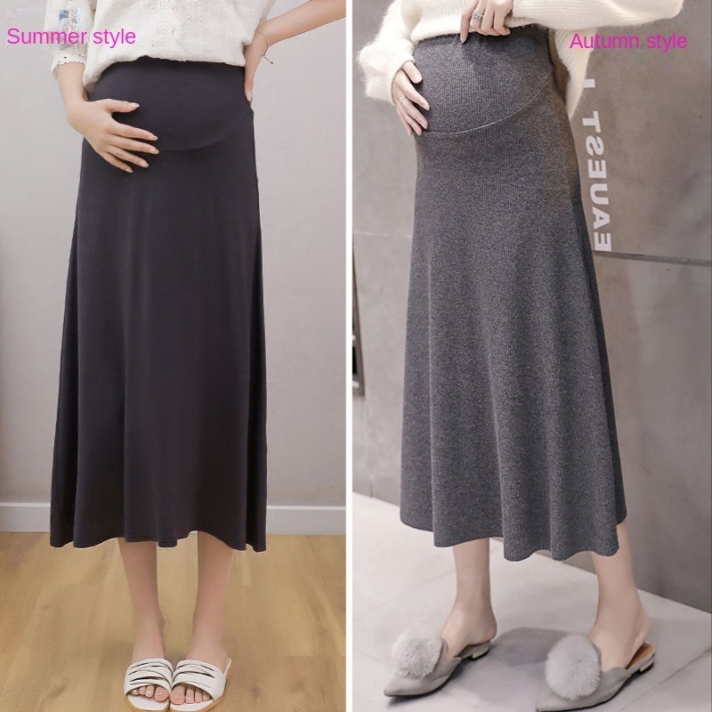 Váy bà bầu 2023 thời trang mùa xuân và mùa thu hợp thời trang mẹ vừa và dài cotton tinh khiết dệt kim váy xích đu lớn