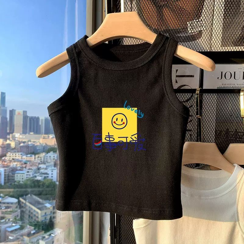 Áo Thun Cotton Không Tay Màu Trơn In Họa Tiết Hoạt Hình Phong Cách Hàn Quốc Dành Cho Bé Gái