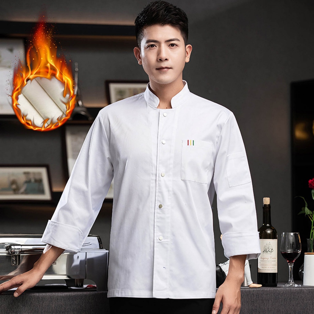 Tshitoli.tw dài tay đầu bếp đồng phục đầu bếp đồng phục đầu bếp mùa thu dài tay áo đứng cổ áo vá túi quần áo làm việc bền cho nhà bếp unisex tiệm bánh kiểu pháp