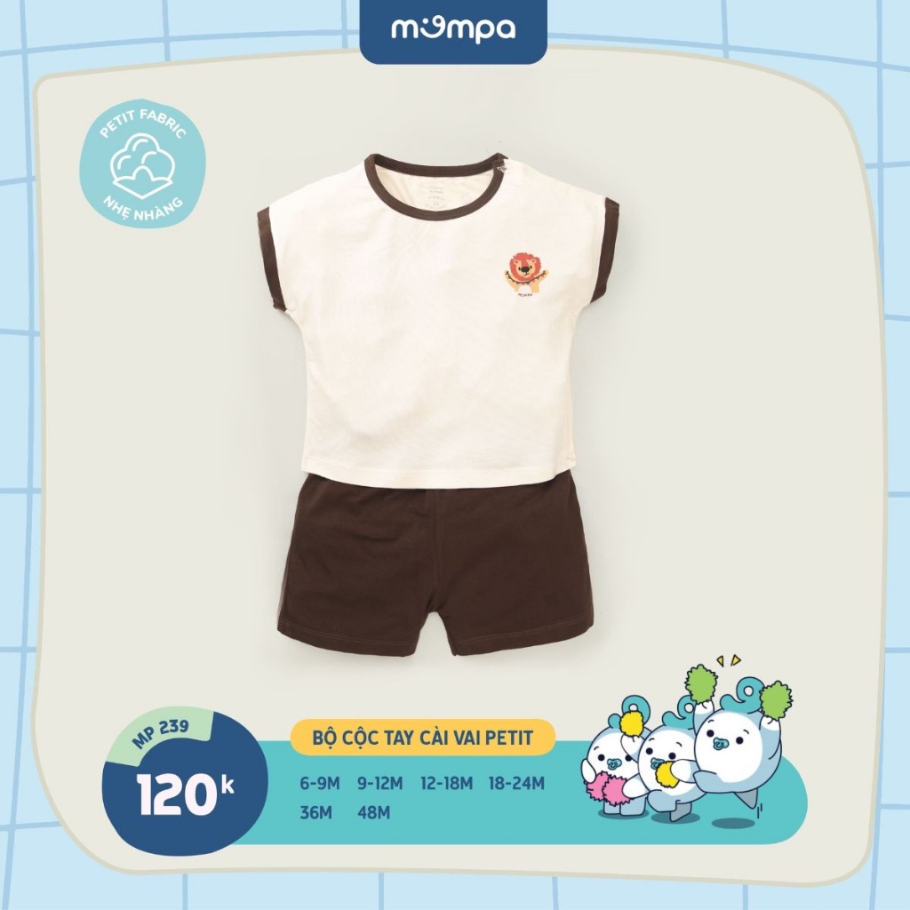 Bộ cộc tay cho bé Mompa từ 6 tháng đến 4 tuổi cài vai vải petit thấm hút thoáng mát co giãn mềm mại 239