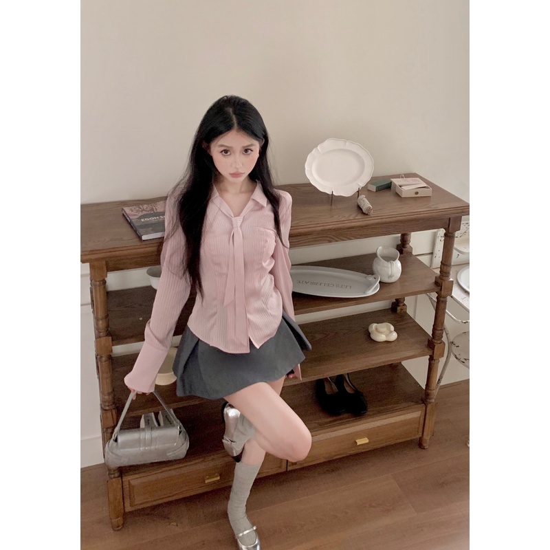 「Nonfatgirl」Pure Desire Áo Sơ Mi Lụa Satin Tay Dài Thắt Eo Hẹp + Chân Váy Eo Cao Hakama Kẻ Sọc Màu Hồng Ngọt Ngào Mùa Xuân Cho Nữ Haka