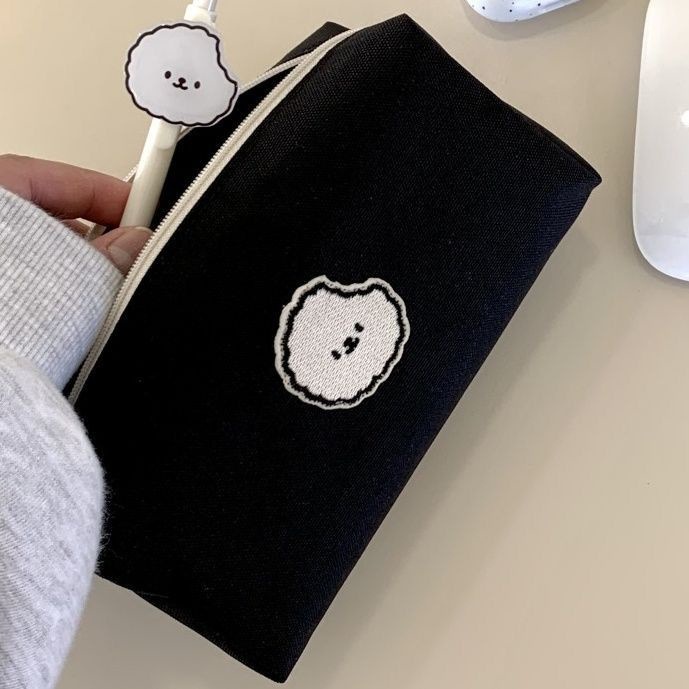 Túi Đựng Bút Bằng Vải Canvas Màu Đen In Hình Chú Cún Đáng Yêu