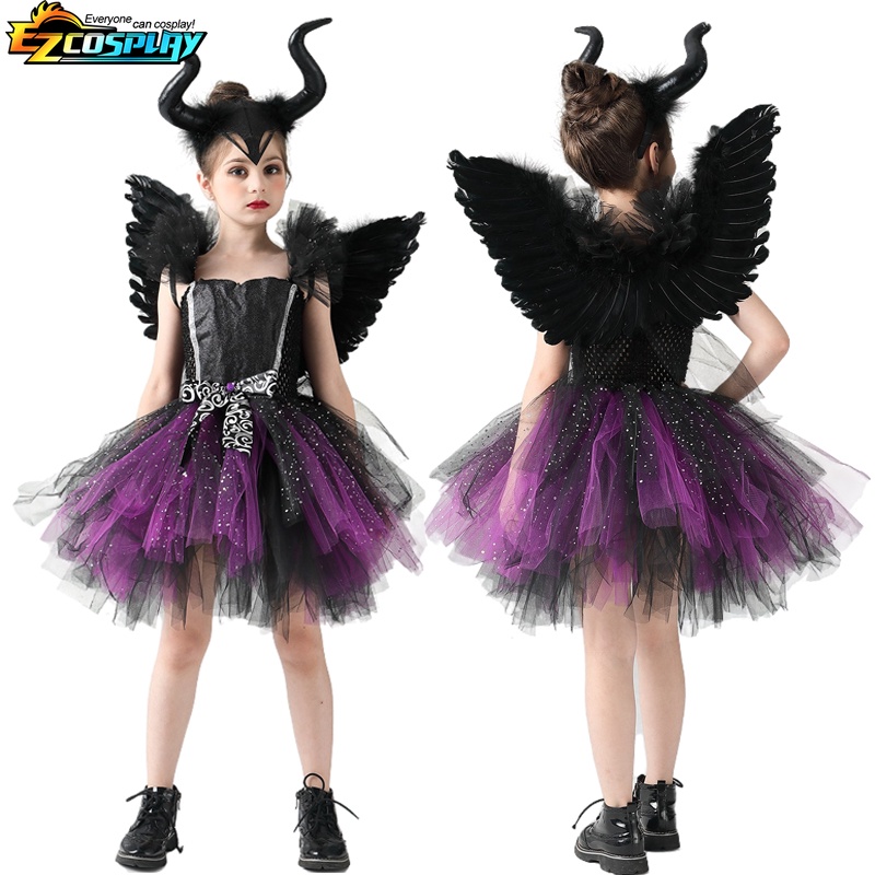 Disney maleficent costume dress halloween girls fancy christening black glam gownprom kids cosplay demon queen quần áo phù thủy