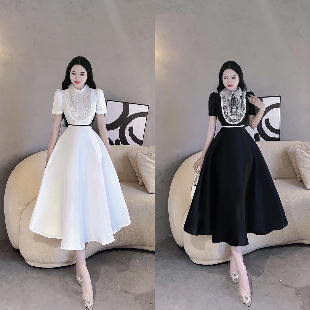 Đầm nữ đi tiệc A396 dáng xòe dài chất mango dày lót lụa cổ sơ mi mix đá kiểu tạo điểm nhấn phía trước freesize KimHoa77