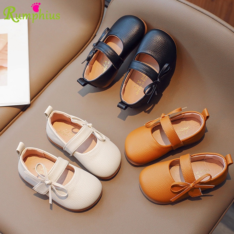 Giày búp bê bé gái RUMPHIUS bằng da mềm đế mềm chống trượt đính nơ đơn giản ngọt ngào size 21-30