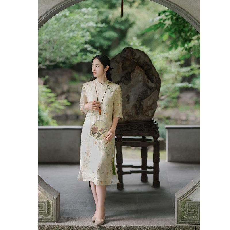 Ice cotton linen phong cách trung quốc mới ramie cải tiến váy sườn xám nữ mùa hè retro tính khí nhẹ nhàng đứng cổ áo cotton linen váy