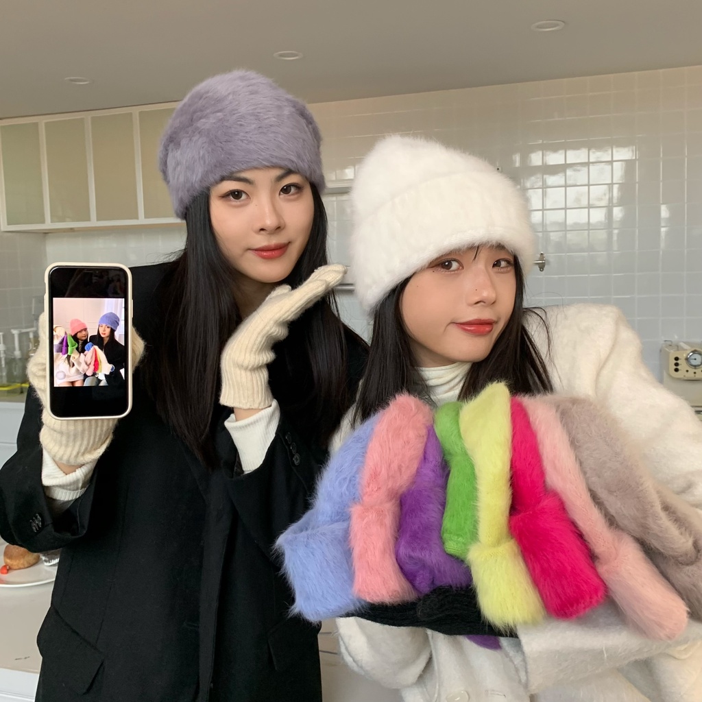 Rabbit wool one-piece plush hat autumn winter all-match mũ len dệt kim ấm áp mũ lạnh