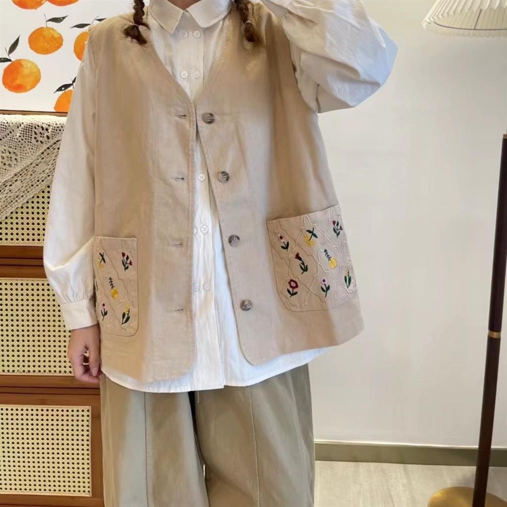 Áo khoác không tay dáng rộng thêu họa tiết thiết kế túi đôi thời trang vintage mùa thu cho nữ size lớn 150kg