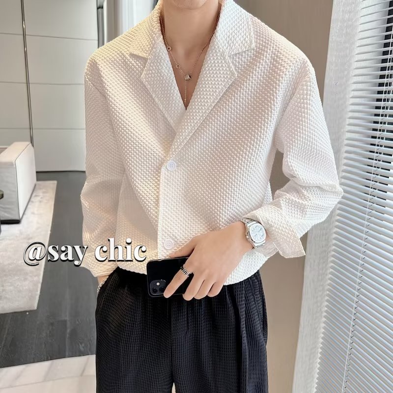 Áo sơ mi nam xu hướng mới thời trang high-end sense of long-sleeved loose casual all-match khí chất áo khoác waffle