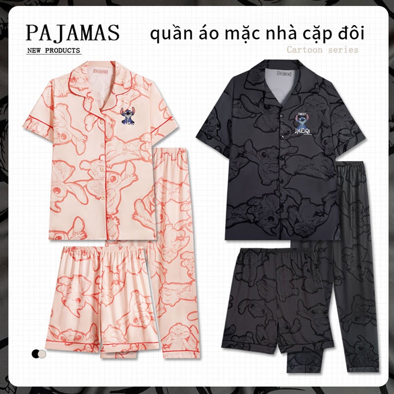 Bộ pijama đồ đôi Bộ đồ ngủ phi bóng dành cho cặp đôi Stitch cartoon couple pyjamas pure cotton short-sleeved high-end loungewear three-piece set