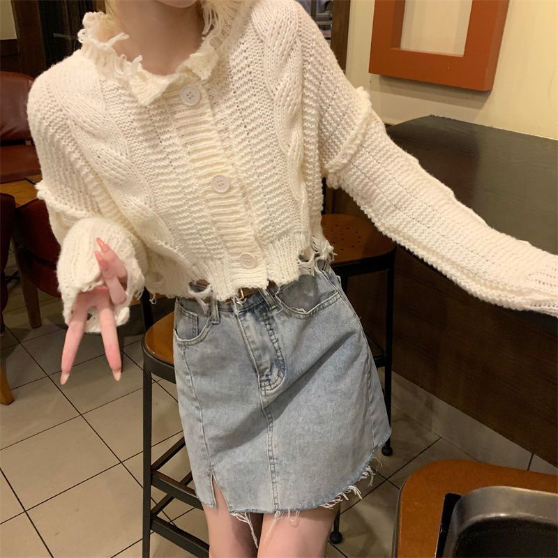 Tua plain torn cardigan edge sweet korean knit cardigan