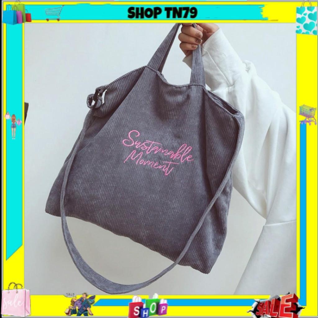 Túi tote đeo chéo vải nhung thêu chữ siêu to ullzang unisex đi học đi chơi
