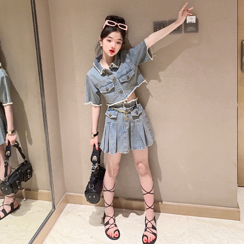 Set Áo Sơ Mi Ngắn Tay + Chân Váy Denim Thời Trang Mùa Hè Cho Bé Gái