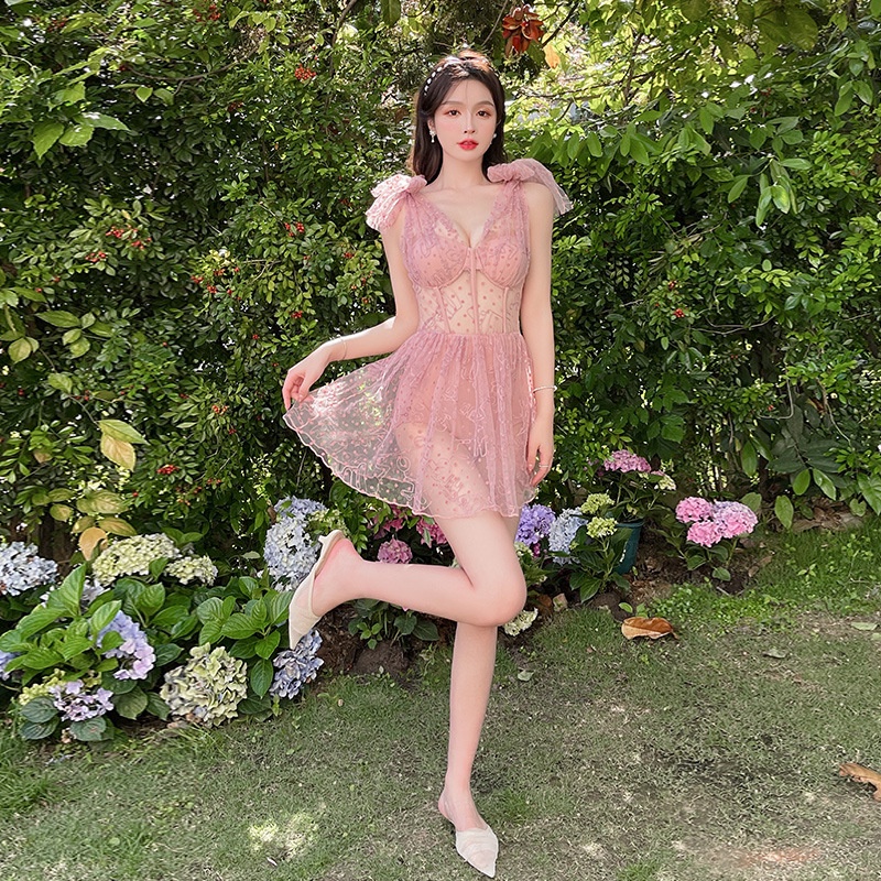 Đầm Bơi Một Mảnh Cổ Chữ V Eo Cao Phối Ren Màu Hồng Sang Trọng Thời Trang Mùa Hè Dành Cho Bạn Nữ