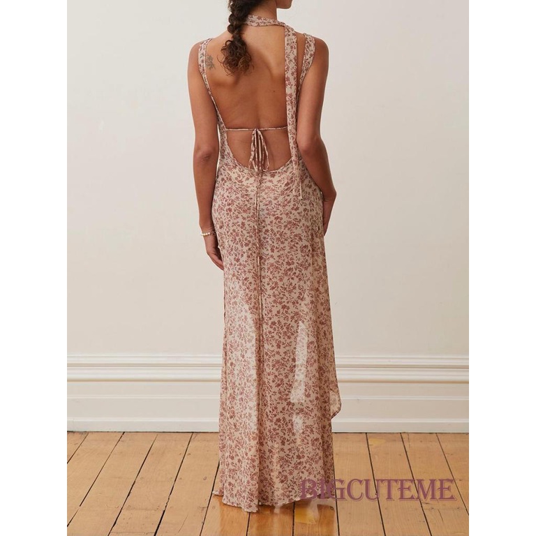 Đầm Dài Không Tay Hở Lưng Họa Tiết Hoa Thời Trang Mùa Hè Cho Nữ