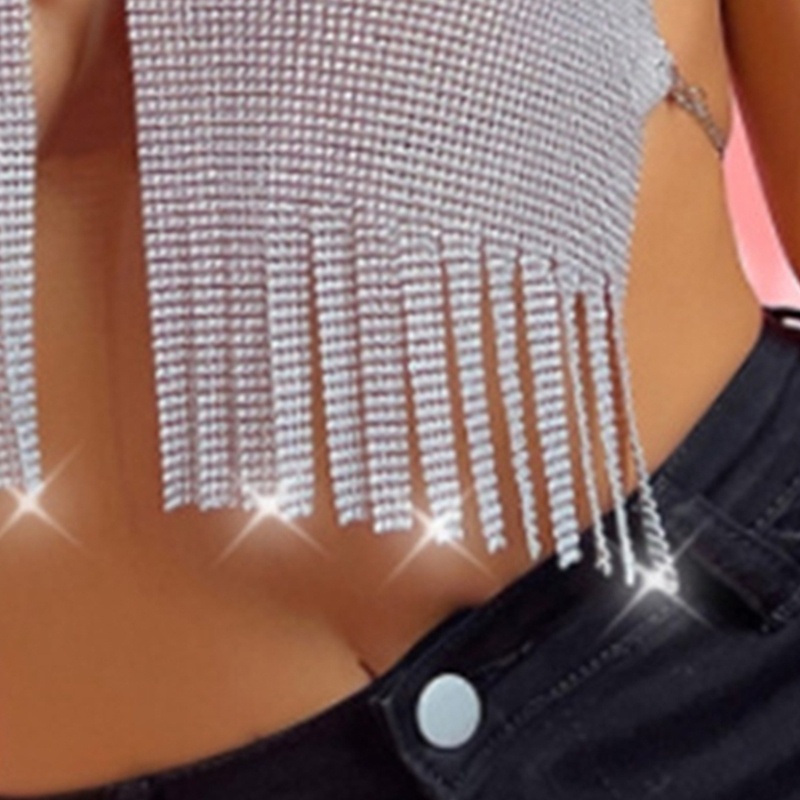 Oneri Áo Croptop Dây Xích Kim Loại Hở Lưng Phối Tua Rua Dự Tiệc Đêm