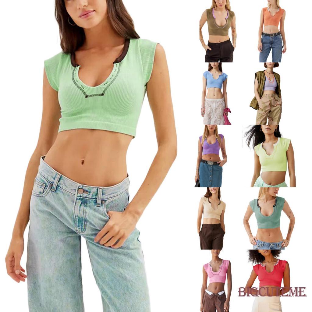 Áo Thun Croptop Tay Ngắn Cổ Chữ U Màu Sắc Tương Phản Thời Trang Mùa Hè Cho Nữ
